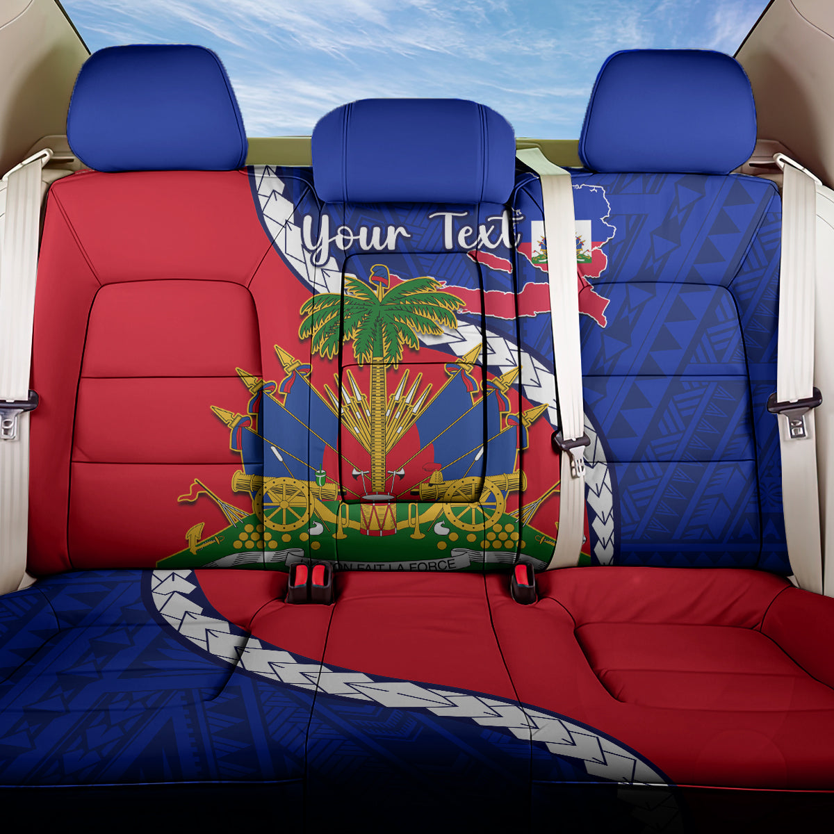 Personalised Haiti Independence Day Back Car Seat Cover Ayiti National Emblem With Polynesian Pattern - Wonder Print Shop