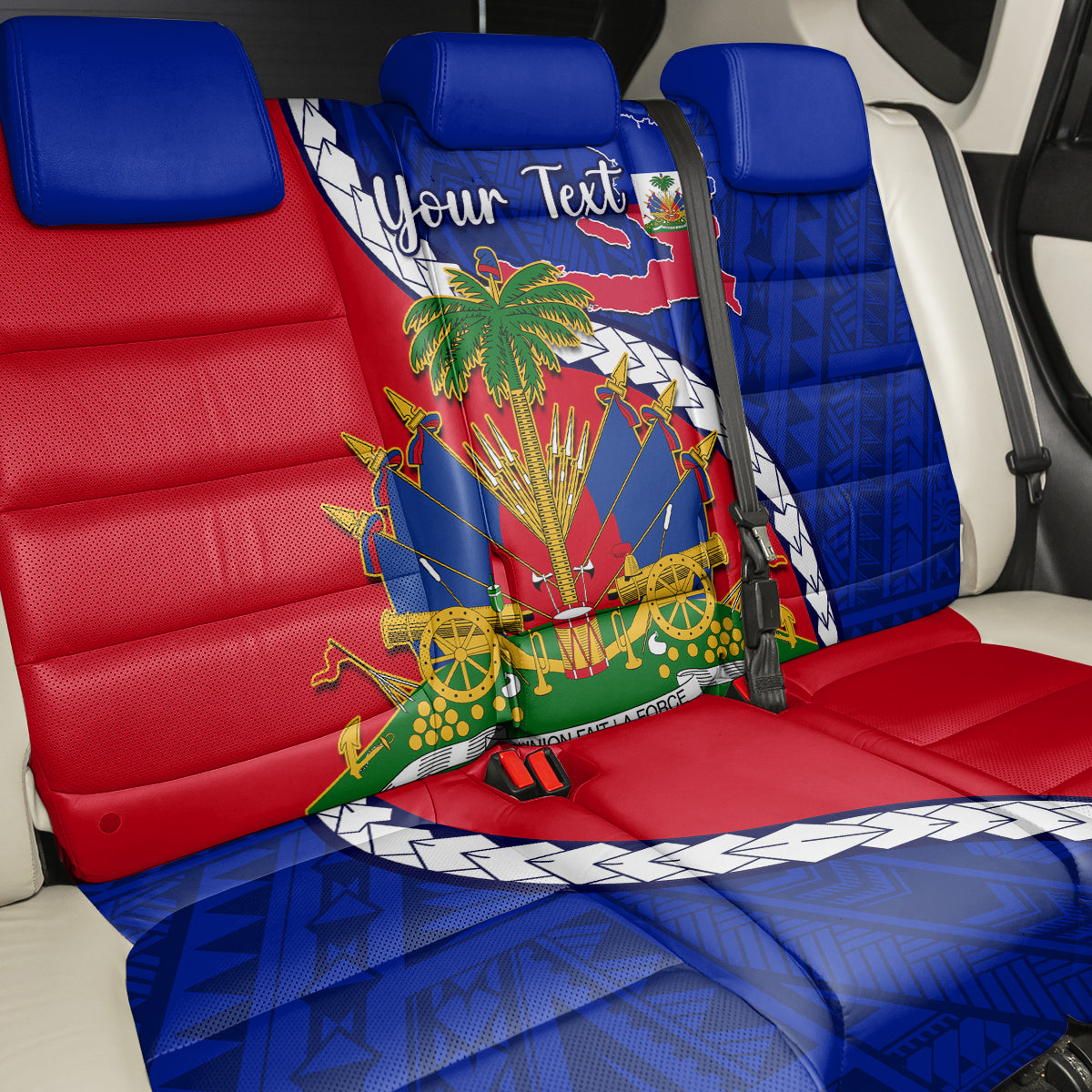 Personalised Haiti Independence Day Back Car Seat Cover Ayiti National Emblem With Polynesian Pattern - Wonder Print Shop