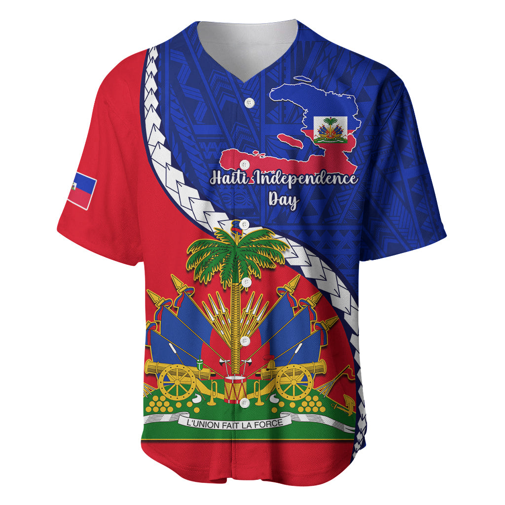 Personalised Haiti Independence Day Baseball Jersey Ayiti National Emblem With Polynesian Pattern - Wonder Print Shop