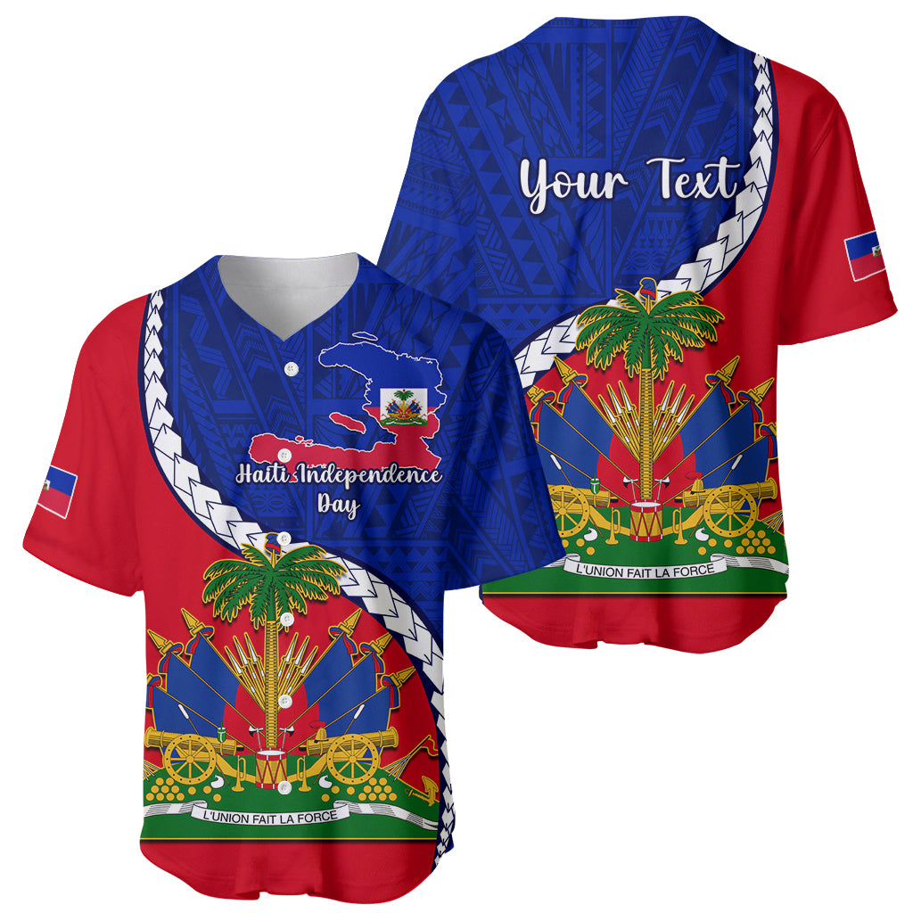 Personalised Haiti Independence Day Baseball Jersey Ayiti National Emblem With Polynesian Pattern - Wonder Print Shop