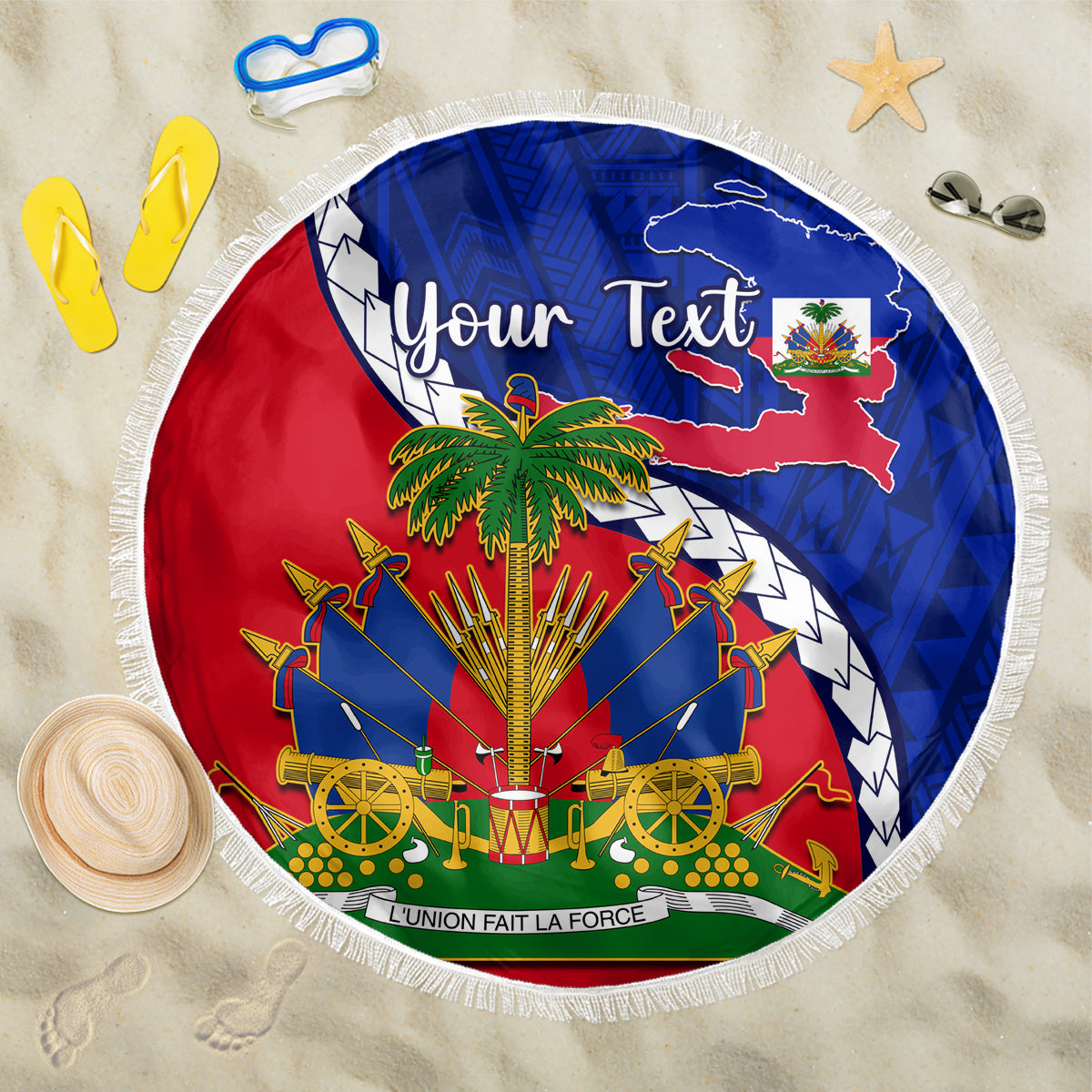 Personalised Haiti Independence Day Beach Blanket Ayiti National Emblem With Polynesian Pattern - Wonder Print Shop