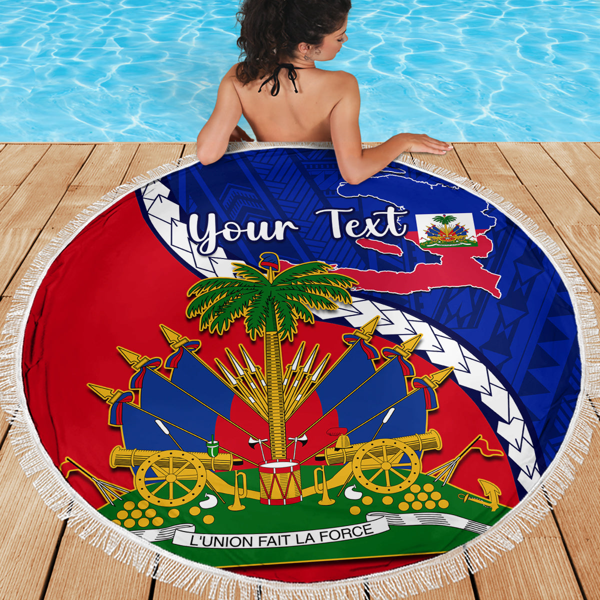 Personalised Haiti Independence Day Beach Blanket Ayiti National Emblem With Polynesian Pattern - Wonder Print Shop