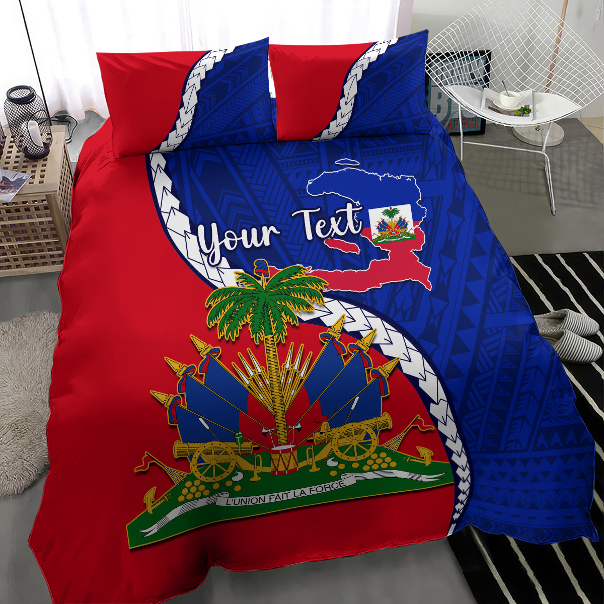 Personalised Haiti Independence Day Bedding Set Ayiti National Emblem With Polynesian Pattern - Wonder Print Shop
