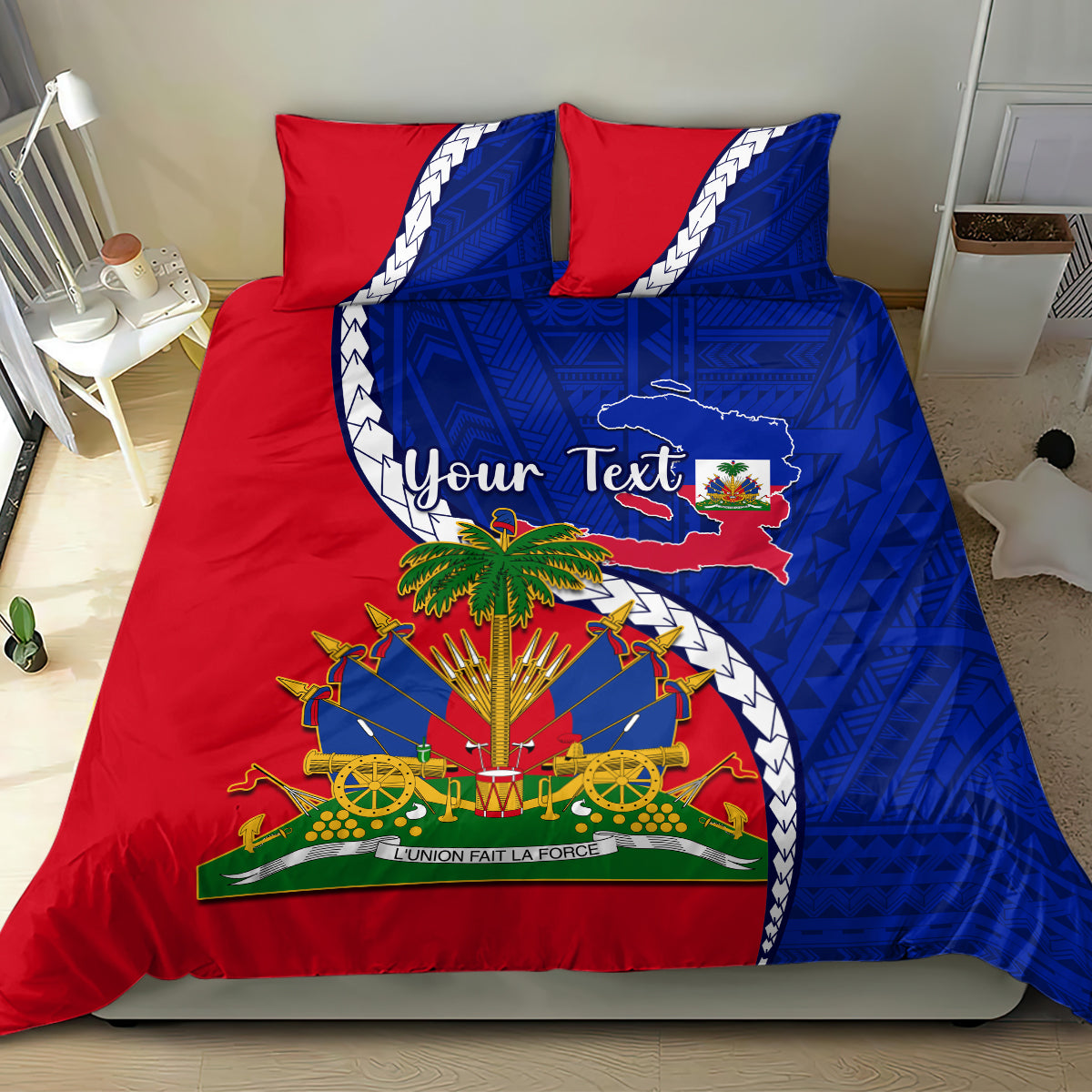 Personalised Haiti Independence Day Bedding Set Ayiti National Emblem With Polynesian Pattern - Wonder Print Shop