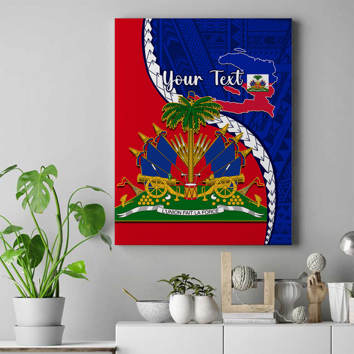 Personalised Haiti Independence Day Canvas Wall Art Ayiti National Emblem With Polynesian Pattern - Wonder Print Shop