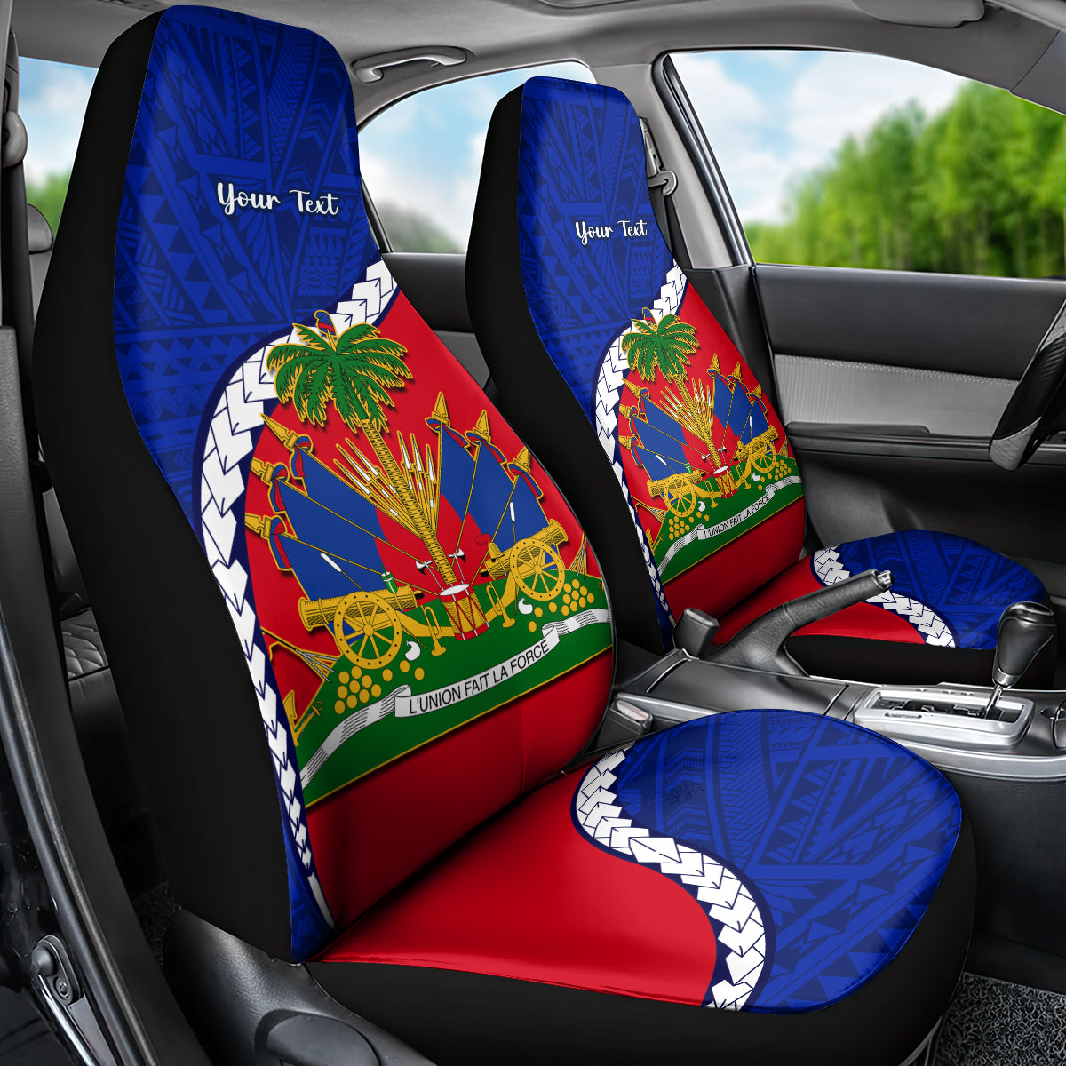Personalised Haiti Independence Day Car Seat Cover Ayiti National Emblem With Polynesian Pattern - Wonder Print Shop