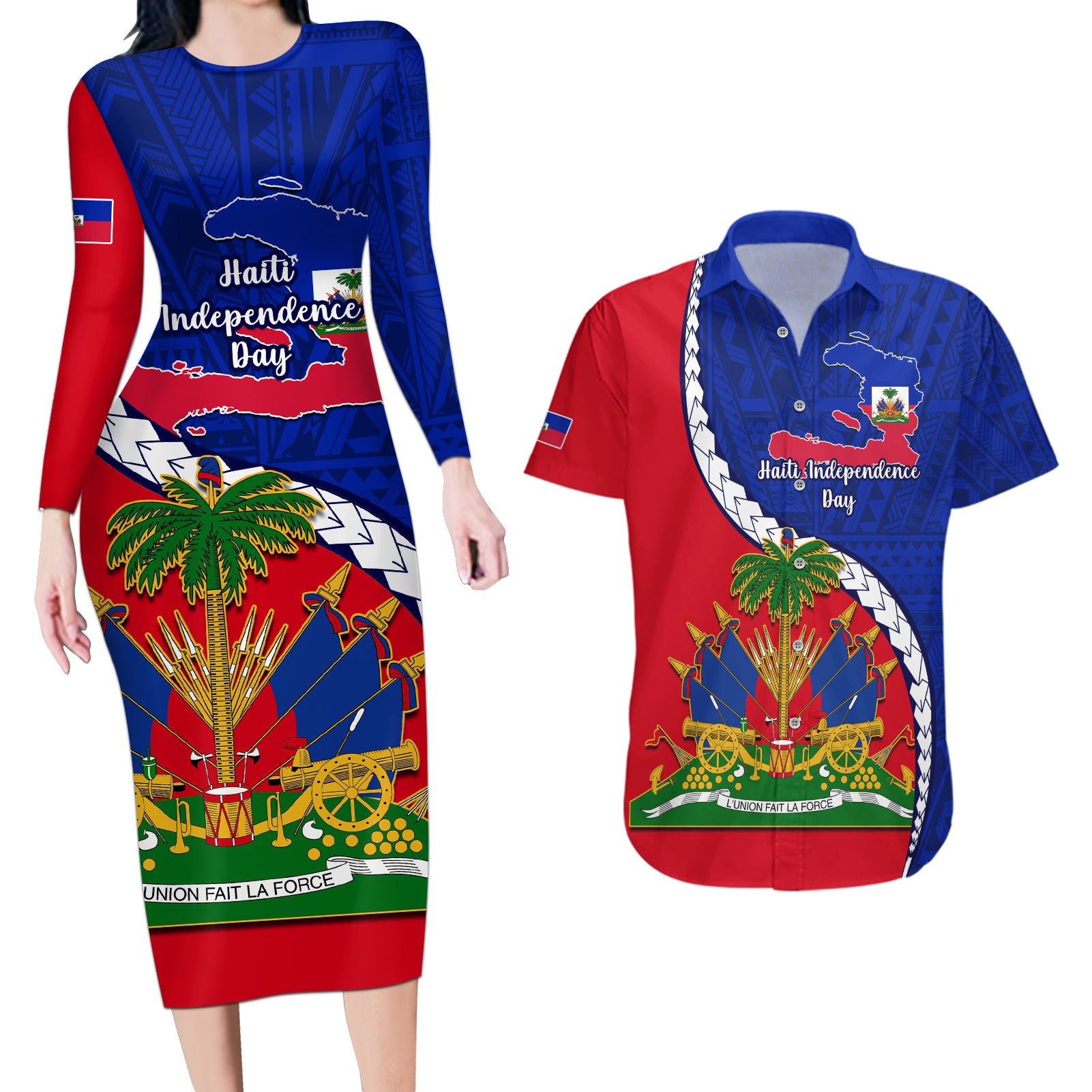 personalised-haiti-independence-day-couples-matching-long-sleeve-bodycon-dress-and-hawaiian-shirt-ayiti-national-emblem-with-polynesian-pattern