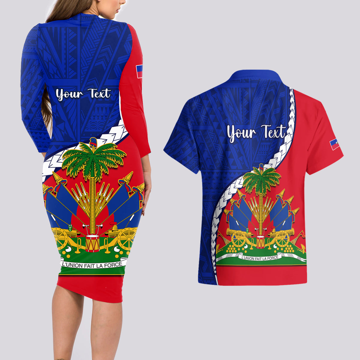 Personalised Haiti Independence Day Couples Matching Long Sleeve Bodycon Dress and Hawaiian Shirt Ayiti National Emblem With Polynesian Pattern - Wonder Print Shop