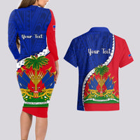 Personalised Haiti Independence Day Couples Matching Long Sleeve Bodycon Dress and Hawaiian Shirt Ayiti National Emblem With Polynesian Pattern - Wonder Print Shop