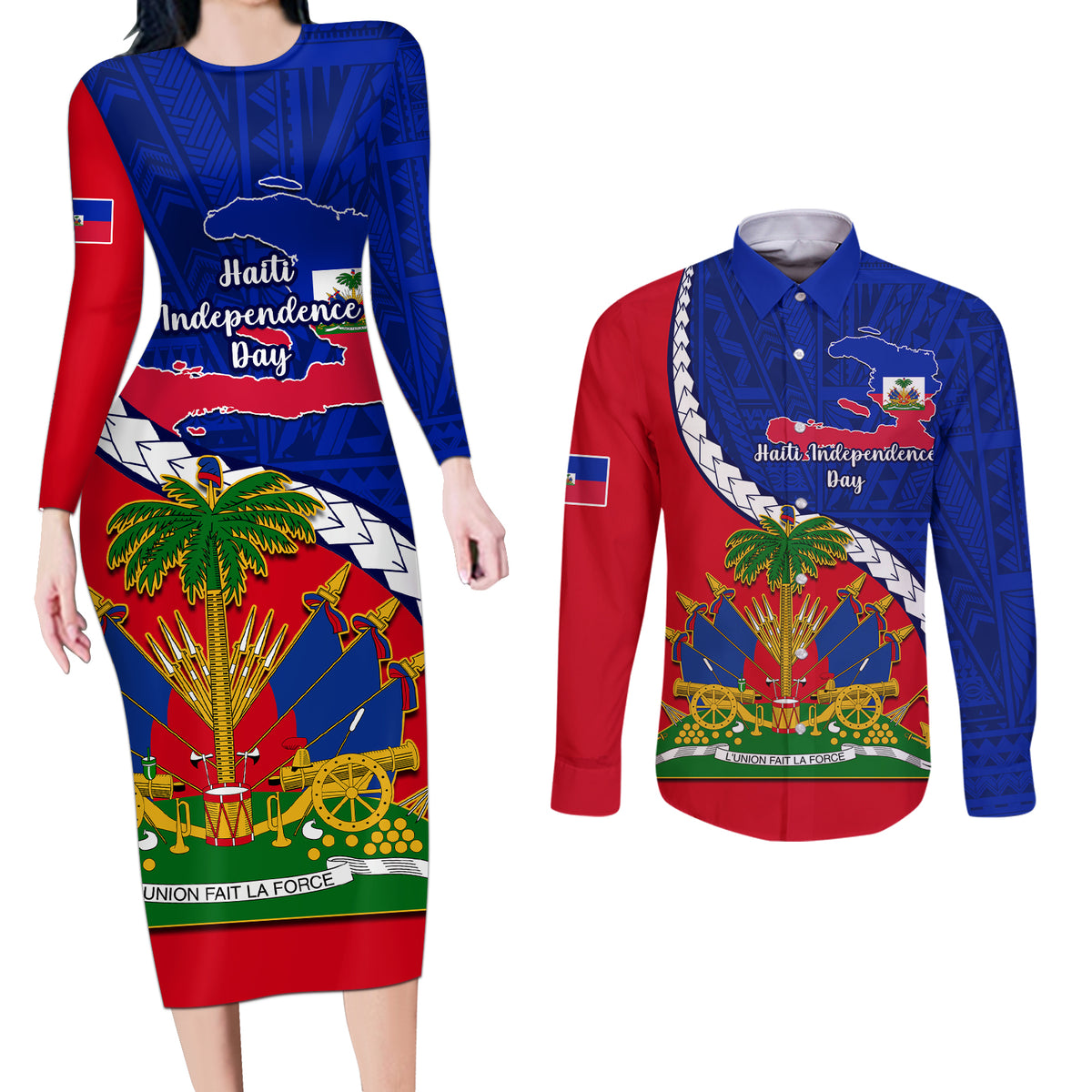 Personalised Haiti Independence Day Couples Matching Long Sleeve Bodycon Dress and Long Sleeve Button Shirt Ayiti National Emblem With Polynesian Pattern - Wonder Print Shop