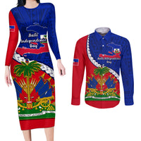 Personalised Haiti Independence Day Couples Matching Long Sleeve Bodycon Dress and Long Sleeve Button Shirt Ayiti National Emblem With Polynesian Pattern - Wonder Print Shop