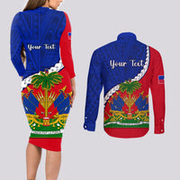 Personalised Haiti Independence Day Couples Matching Long Sleeve Bodycon Dress and Long Sleeve Button Shirt Ayiti National Emblem With Polynesian Pattern - Wonder Print Shop