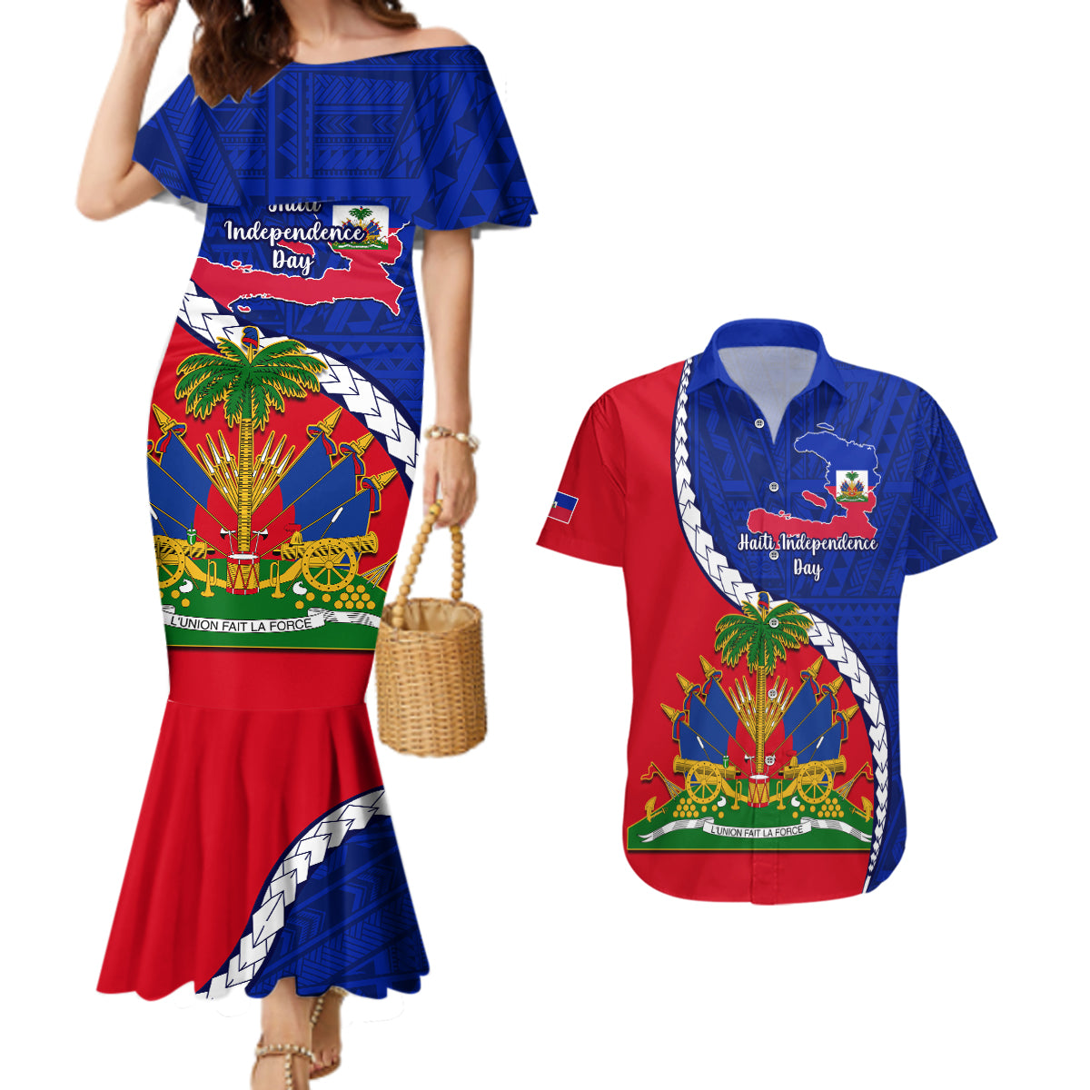 Personalised Haiti Independence Day Couples Matching Mermaid Dress and Hawaiian Shirt Ayiti National Emblem With Polynesian Pattern - Wonder Print Shop