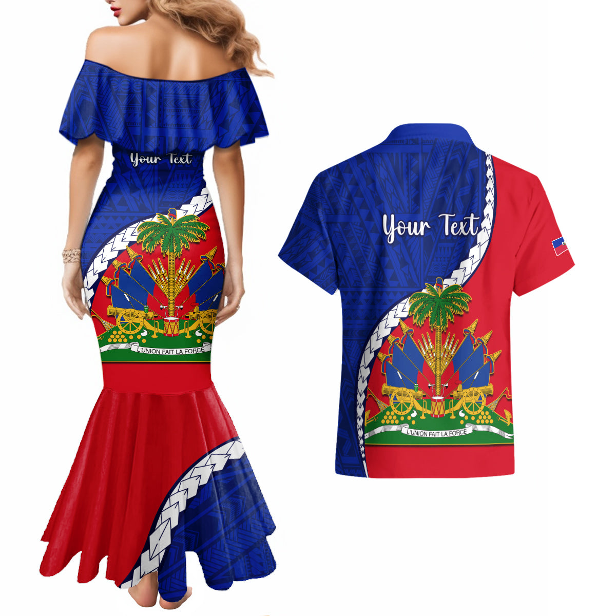 Personalised Haiti Independence Day Couples Matching Mermaid Dress and Hawaiian Shirt Ayiti National Emblem With Polynesian Pattern - Wonder Print Shop