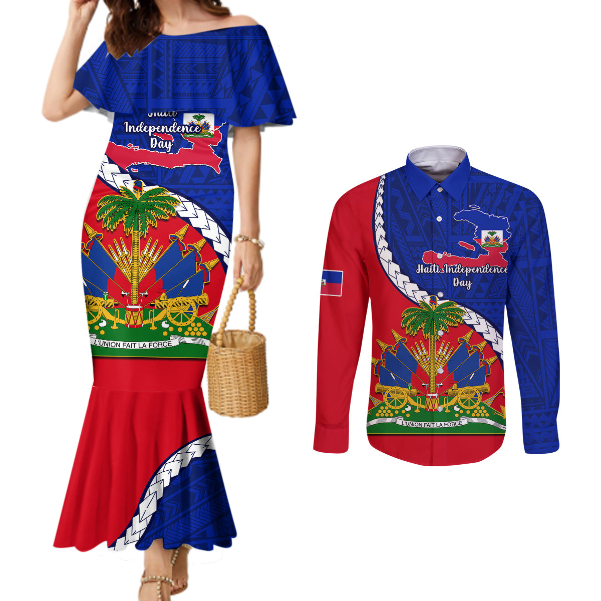 personalised-haiti-independence-day-couples-matching-mermaid-dress-and-long-sleeve-button-shirt-ayiti-national-emblem-with-polynesian-pattern