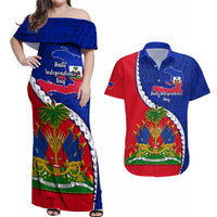 Personalised Haiti Independence Day Couples Matching Off Shoulder Maxi Dress and Hawaiian Shirt Ayiti National Emblem With Polynesian Pattern - Wonder Print Shop