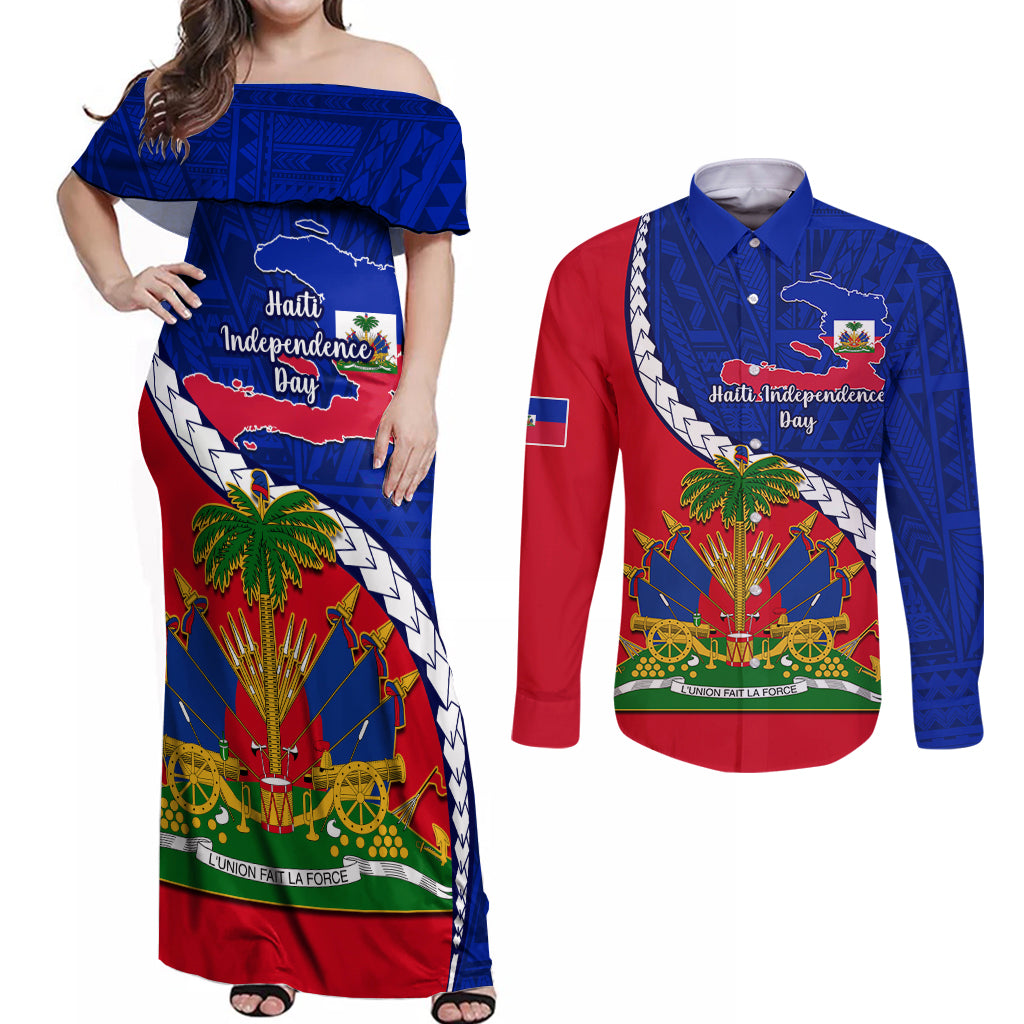 personalised-haiti-independence-day-couples-matching-off-shoulder-maxi-dress-and-long-sleeve-button-shirt-ayiti-national-emblem-with-polynesian-pattern