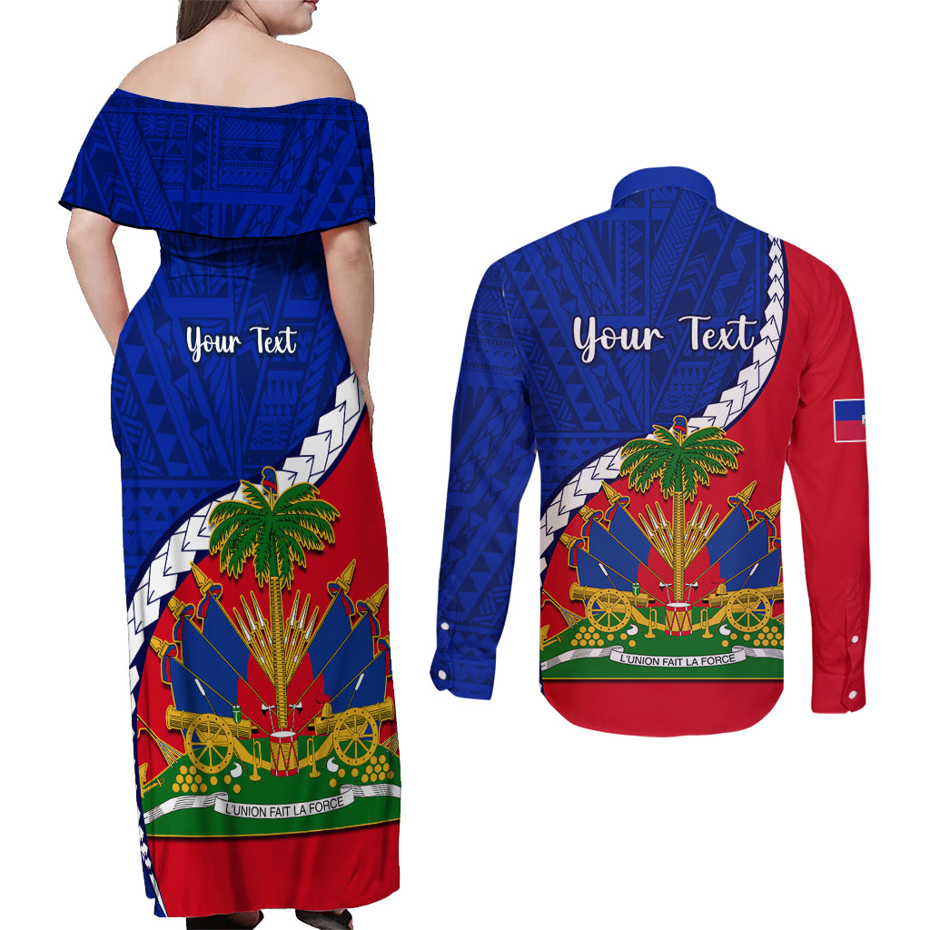 Personalised Haiti Independence Day Couples Matching Off Shoulder Maxi Dress and Long Sleeve Button Shirt Ayiti National Emblem With Polynesian Pattern - Wonder Print Shop