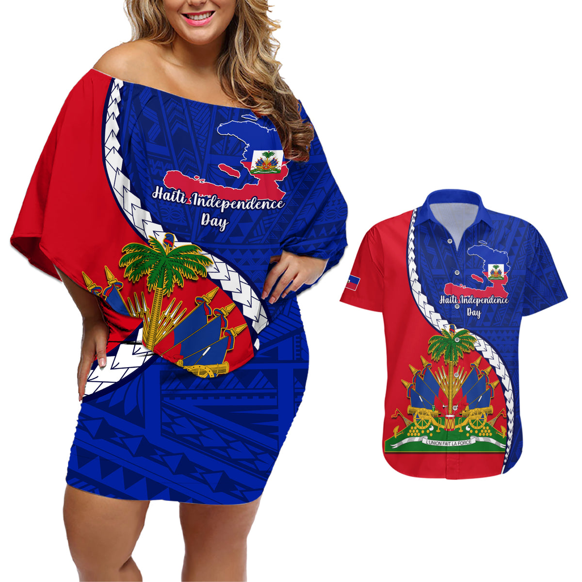 Personalised Haiti Independence Day Couples Matching Off Shoulder Short Dress and Hawaiian Shirt Ayiti National Emblem With Polynesian Pattern - Wonder Print Shop