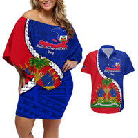 Personalised Haiti Independence Day Couples Matching Off Shoulder Short Dress and Hawaiian Shirt Ayiti National Emblem With Polynesian Pattern - Wonder Print Shop