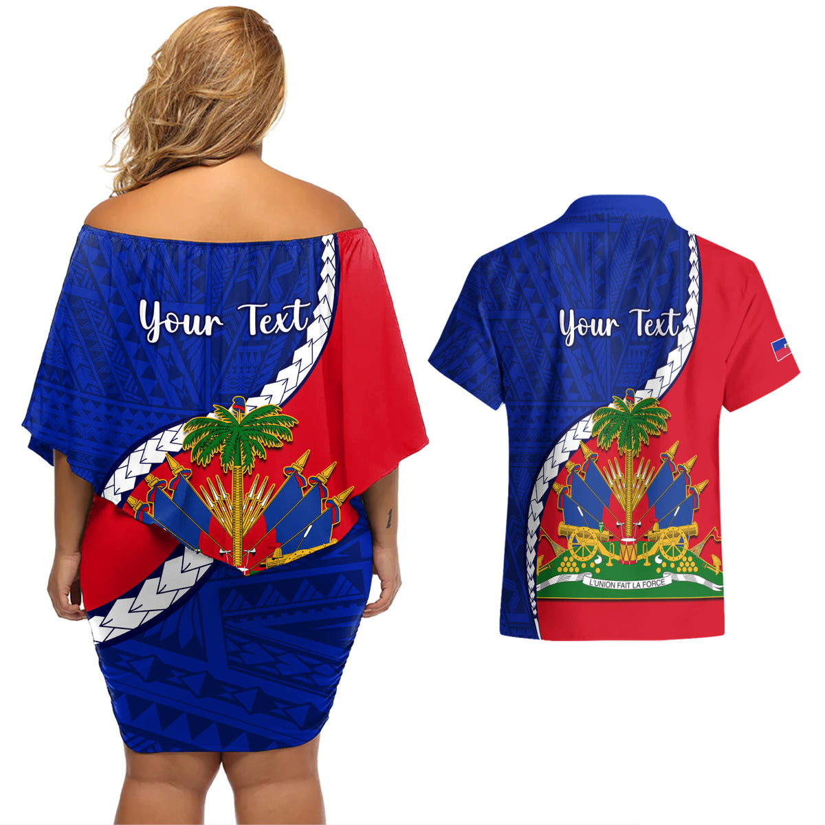 Personalised Haiti Independence Day Couples Matching Off Shoulder Short Dress and Hawaiian Shirt Ayiti National Emblem With Polynesian Pattern - Wonder Print Shop