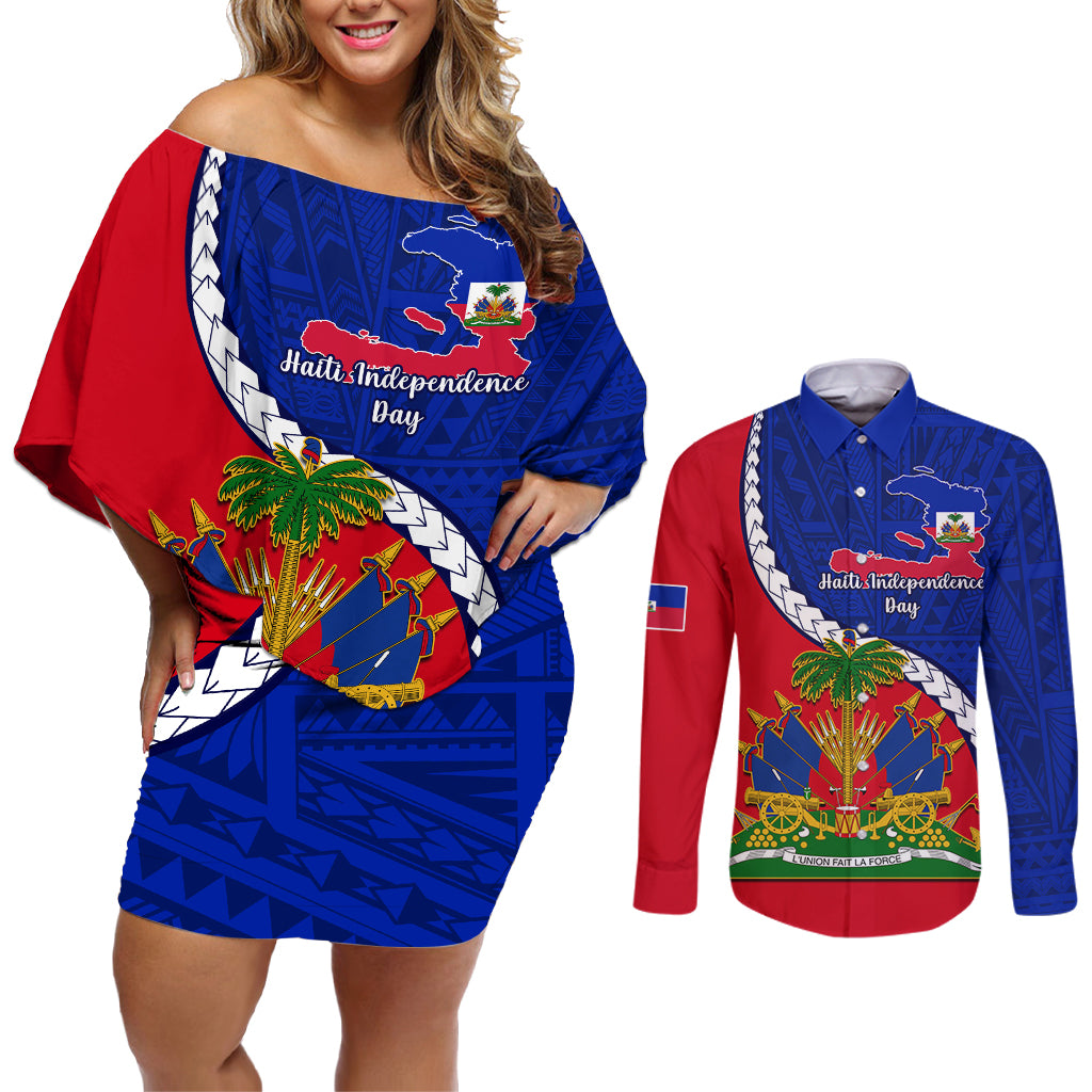 Personalised Haiti Independence Day Couples Matching Off Shoulder Short Dress and Long Sleeve Button Shirt Ayiti National Emblem With Polynesian Pattern - Wonder Print Shop