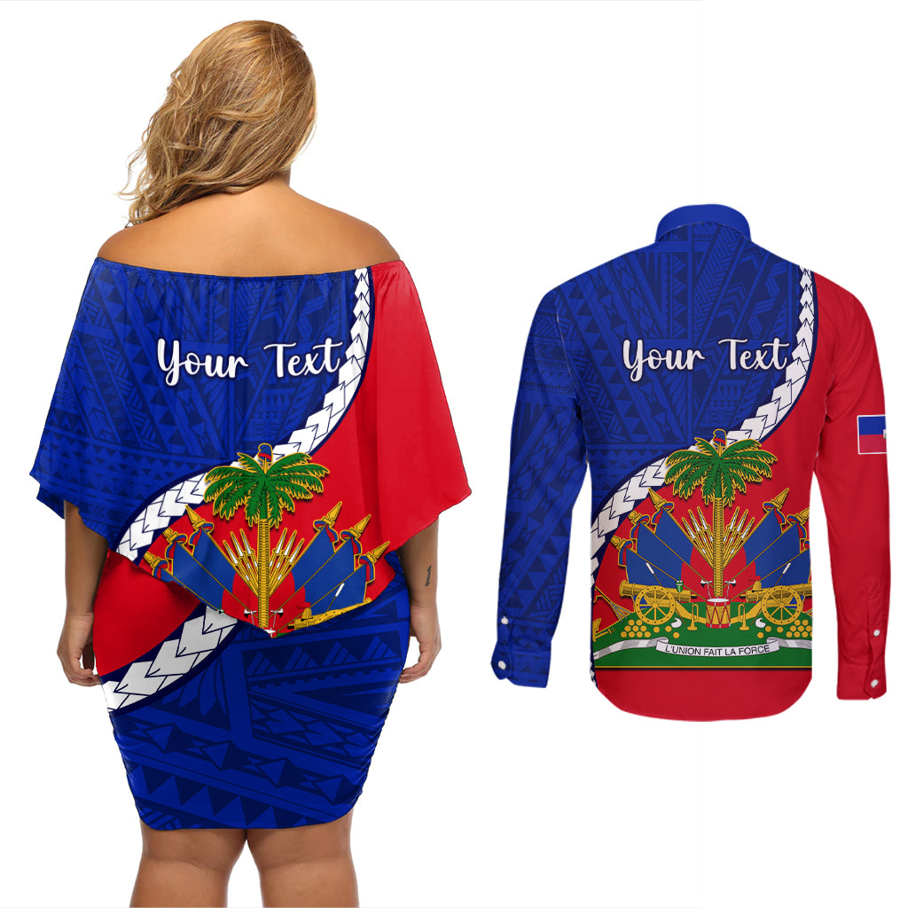 Personalised Haiti Independence Day Couples Matching Off Shoulder Short Dress and Long Sleeve Button Shirt Ayiti National Emblem With Polynesian Pattern - Wonder Print Shop
