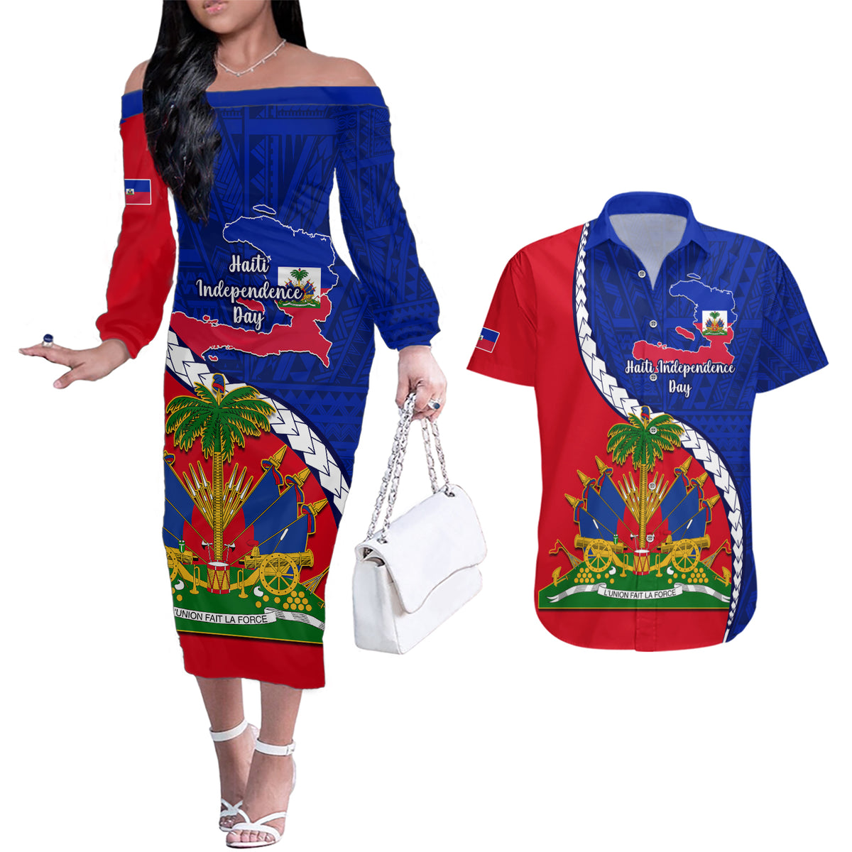Personalised Haiti Independence Day Couples Matching Off The Shoulder Long Sleeve Dress and Hawaiian Shirt Ayiti National Emblem With Polynesian Pattern - Wonder Print Shop