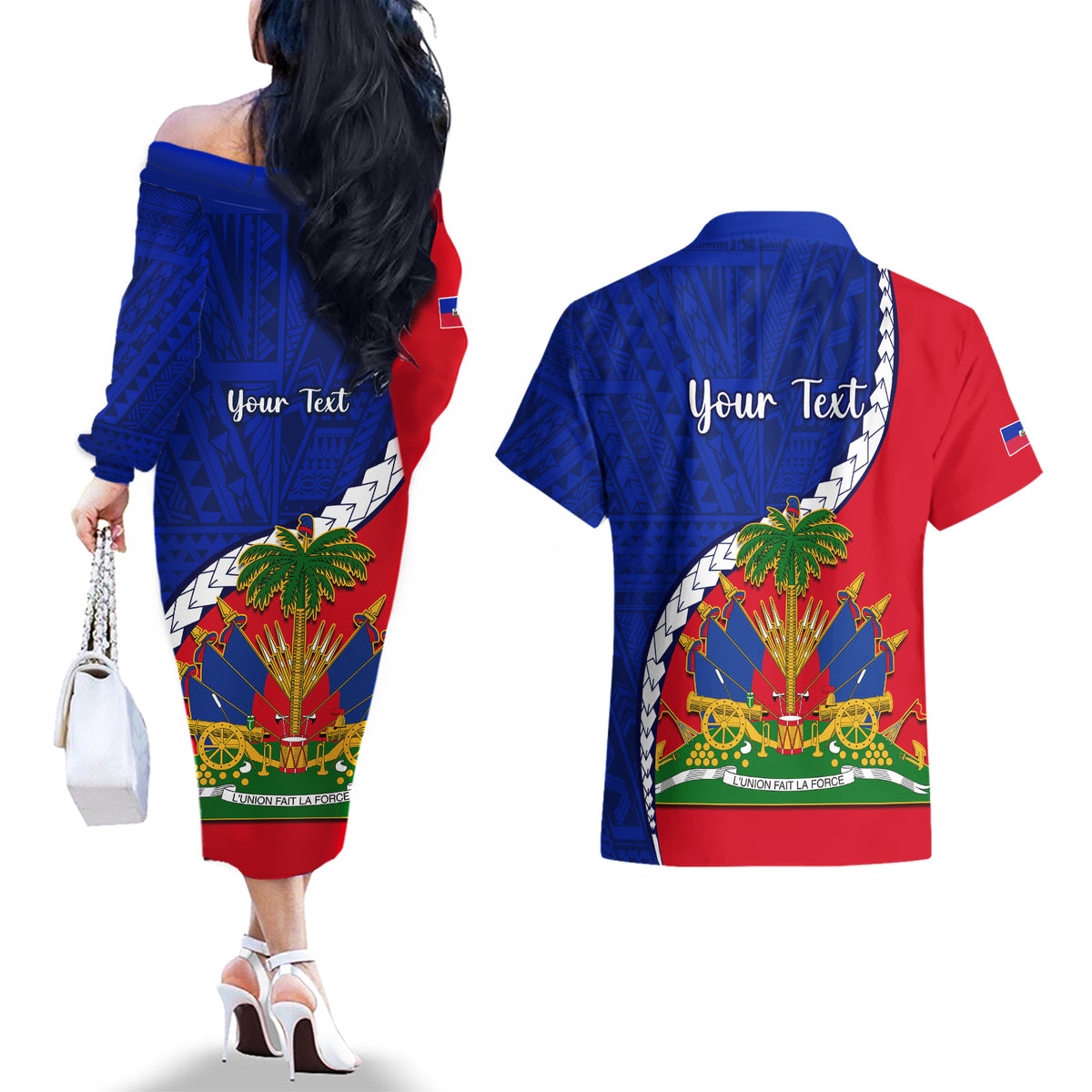 Personalised Haiti Independence Day Couples Matching Off The Shoulder Long Sleeve Dress and Hawaiian Shirt Ayiti National Emblem With Polynesian Pattern - Wonder Print Shop