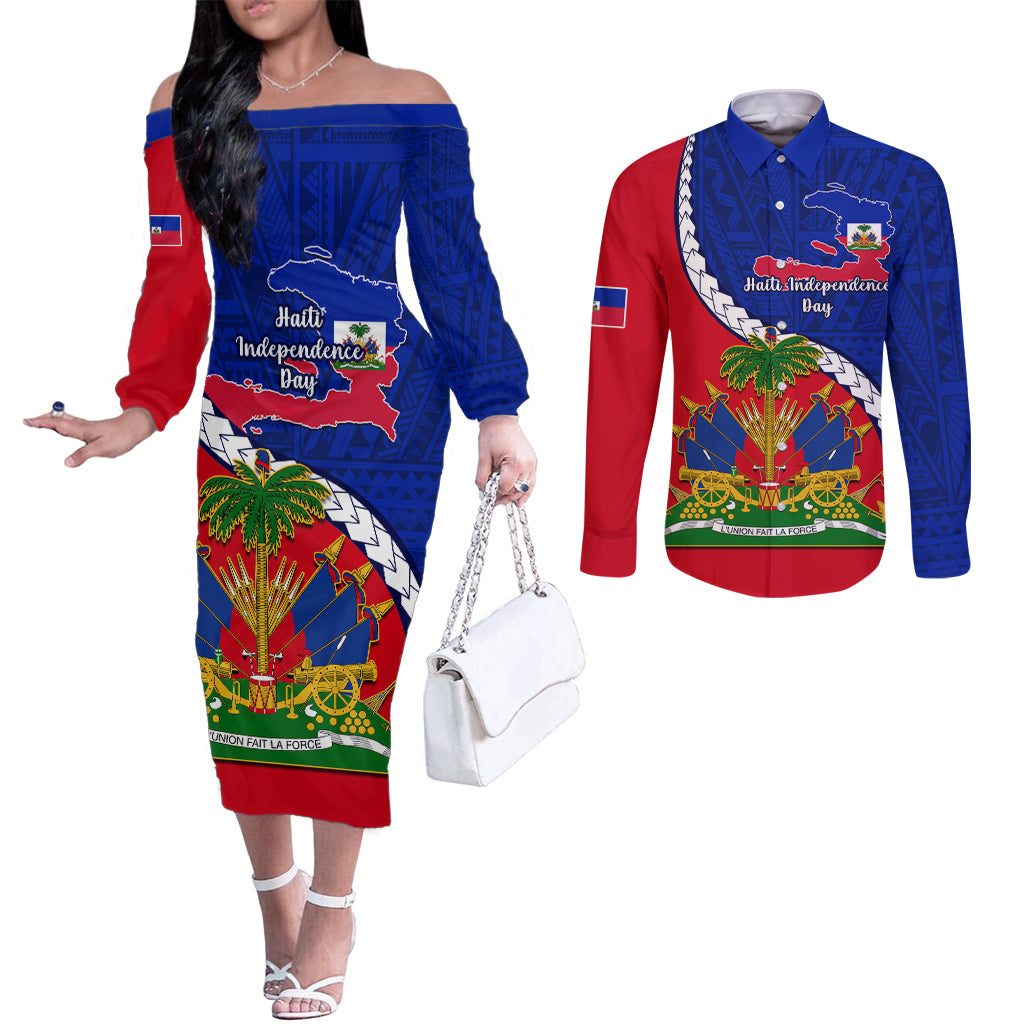 personalised-haiti-independence-day-couples-matching-off-the-shoulder-long-sleeve-dress-and-long-sleeve-button-shirt-ayiti-national-emblem-with-polynesian-pattern
