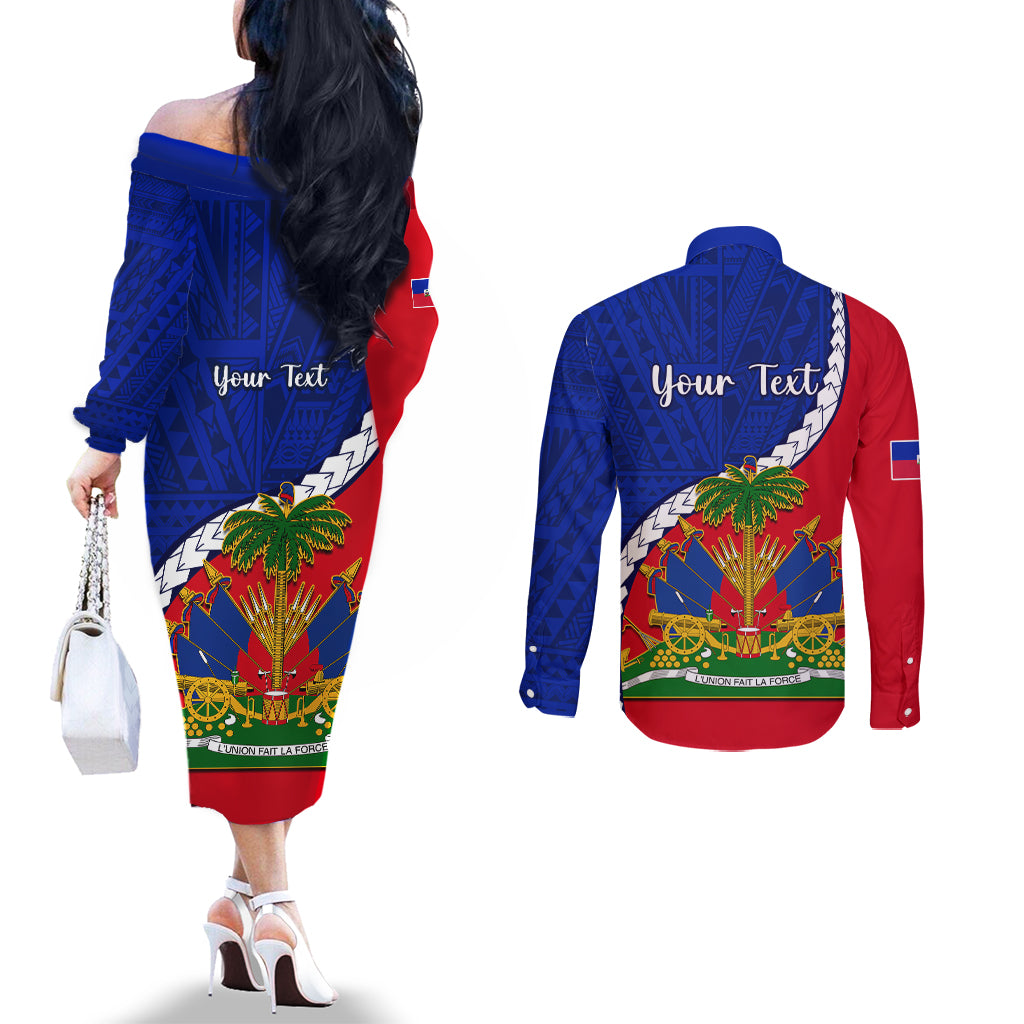 personalised-haiti-independence-day-couples-matching-off-the-shoulder-long-sleeve-dress-and-long-sleeve-button-shirt-ayiti-national-emblem-with-polynesian-pattern