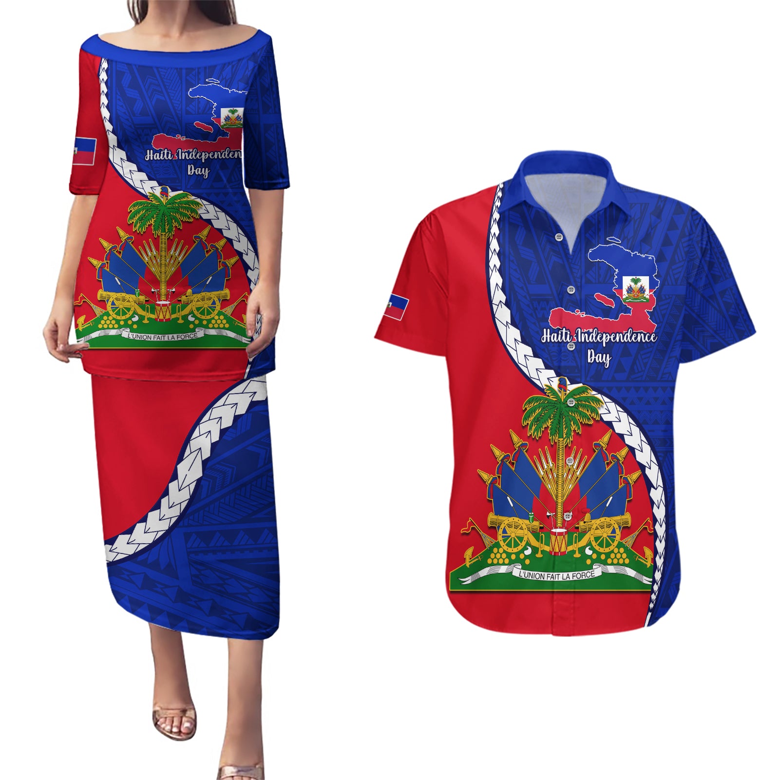 personalised-haiti-independence-day-couples-matching-puletasi-dress-and-hawaiian-shirt-ayiti-national-emblem-with-polynesian-pattern