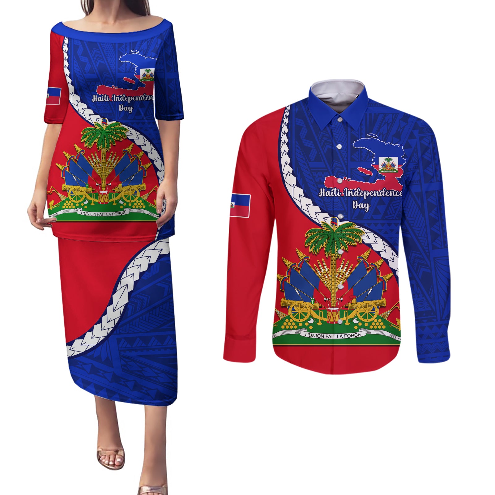 Personalised Haiti Independence Day Couples Matching Puletasi Dress and Long Sleeve Button Shirt Ayiti National Emblem With Polynesian Pattern - Wonder Print Shop