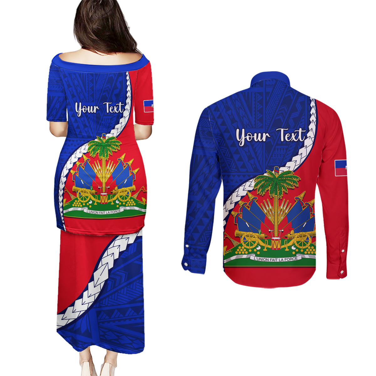 Personalised Haiti Independence Day Couples Matching Puletasi Dress and Long Sleeve Button Shirt Ayiti National Emblem With Polynesian Pattern - Wonder Print Shop