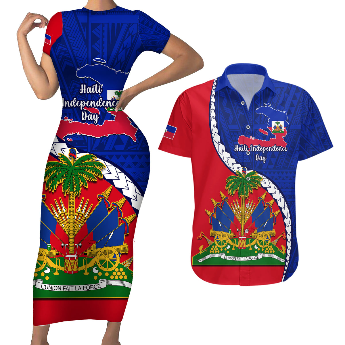 Personalised Haiti Independence Day Couples Matching Short Sleeve Bodycon Dress and Hawaiian Shirt Ayiti National Emblem With Polynesian Pattern - Wonder Print Shop