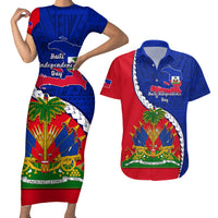 Personalised Haiti Independence Day Couples Matching Short Sleeve Bodycon Dress and Hawaiian Shirt Ayiti National Emblem With Polynesian Pattern - Wonder Print Shop