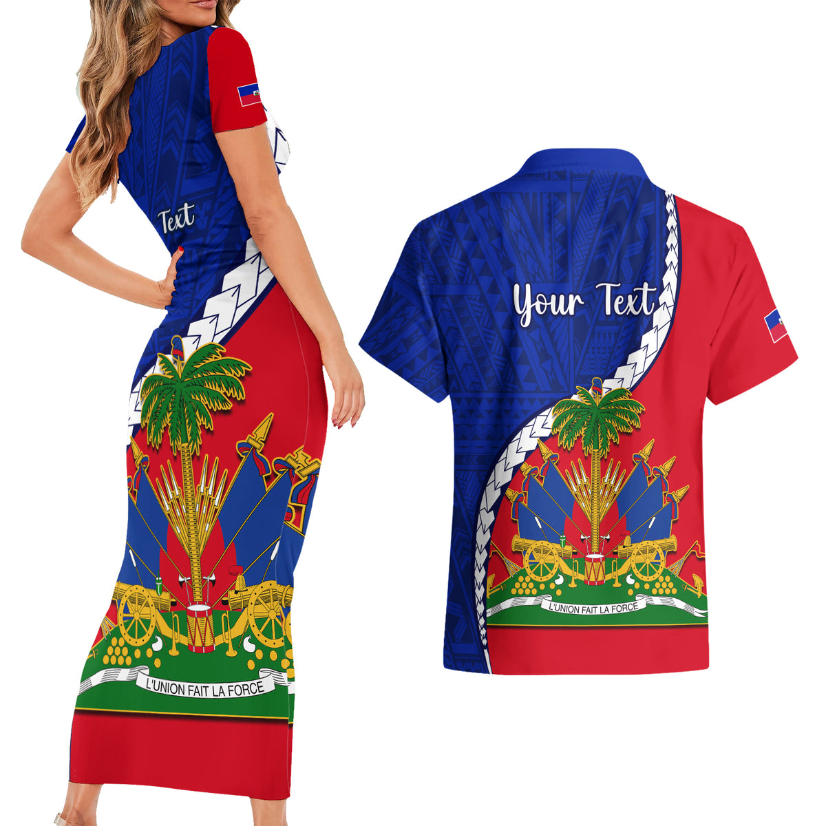 Personalised Haiti Independence Day Couples Matching Short Sleeve Bodycon Dress and Hawaiian Shirt Ayiti National Emblem With Polynesian Pattern - Wonder Print Shop