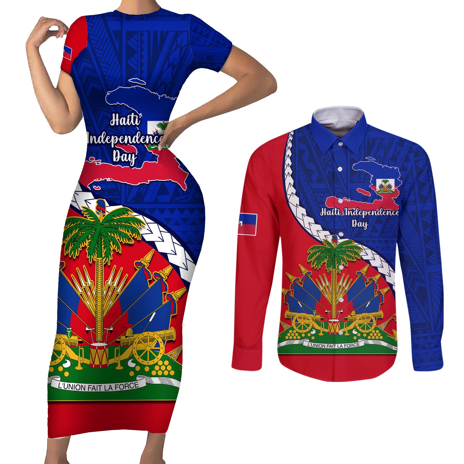 personalised-haiti-independence-day-couples-matching-short-sleeve-bodycon-dress-and-long-sleeve-button-shirt-ayiti-national-emblem-with-polynesian-pattern
