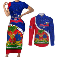 Personalised Haiti Independence Day Couples Matching Short Sleeve Bodycon Dress and Long Sleeve Button Shirt Ayiti National Emblem With Polynesian Pattern - Wonder Print Shop
