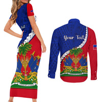 Personalised Haiti Independence Day Couples Matching Short Sleeve Bodycon Dress and Long Sleeve Button Shirt Ayiti National Emblem With Polynesian Pattern - Wonder Print Shop