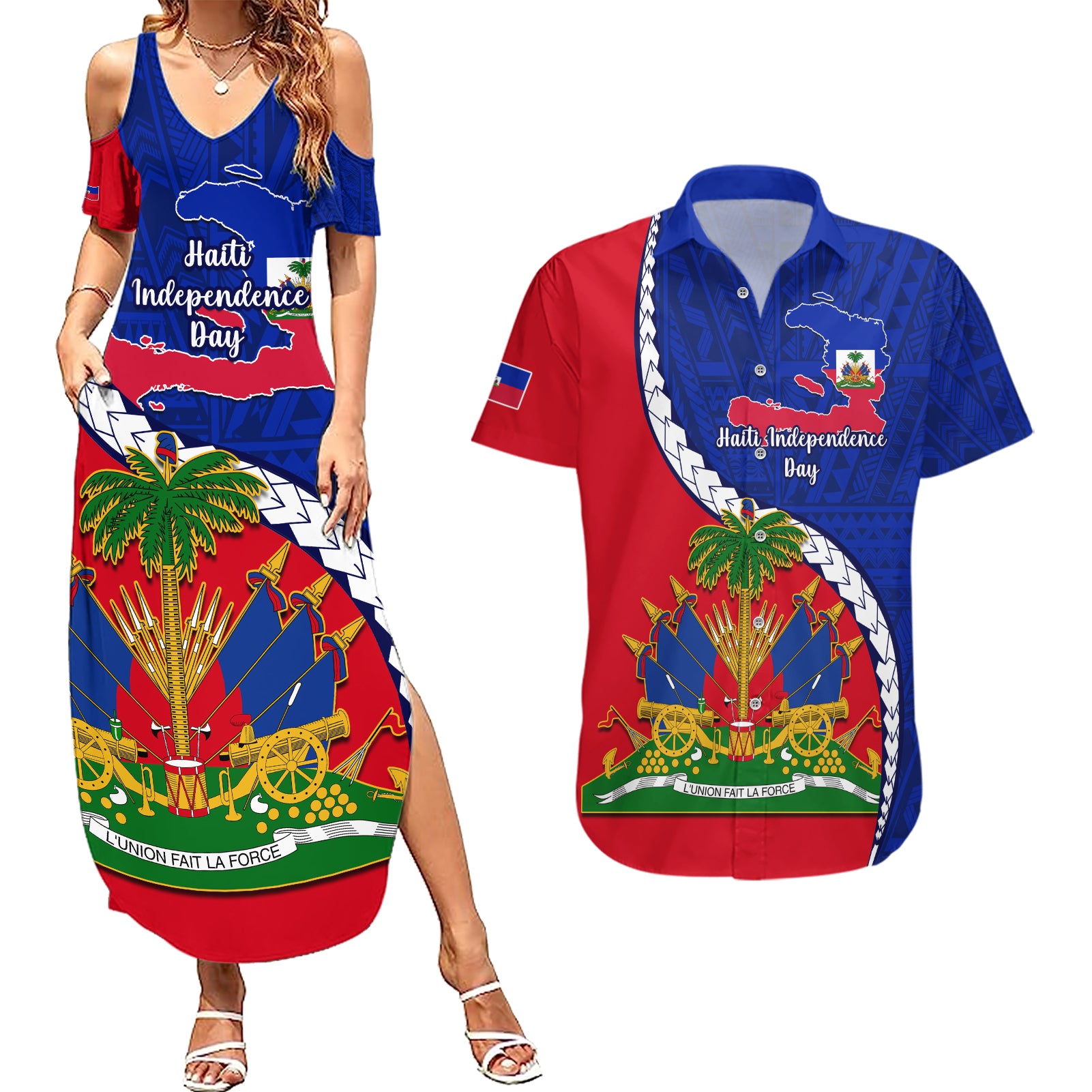 personalised-haiti-independence-day-couples-matching-summer-maxi-dress-and-hawaiian-shirt-ayiti-national-emblem-with-polynesian-pattern