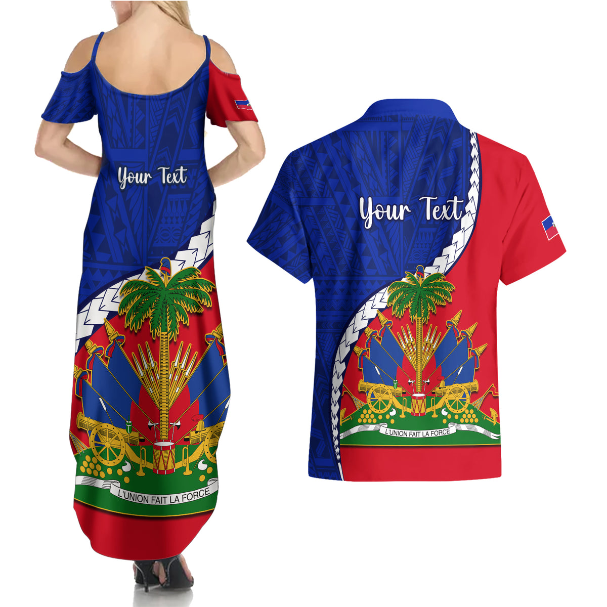 Personalised Haiti Independence Day Couples Matching Summer Maxi Dress and Hawaiian Shirt Ayiti National Emblem With Polynesian Pattern - Wonder Print Shop