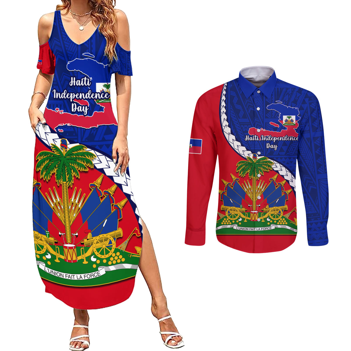 Personalised Haiti Independence Day Couples Matching Summer Maxi Dress and Long Sleeve Button Shirt Ayiti National Emblem With Polynesian Pattern - Wonder Print Shop