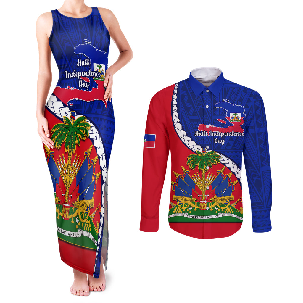 Personalised Haiti Independence Day Couples Matching Tank Maxi Dress and Long Sleeve Button Shirt Ayiti National Emblem With Polynesian Pattern - Wonder Print Shop