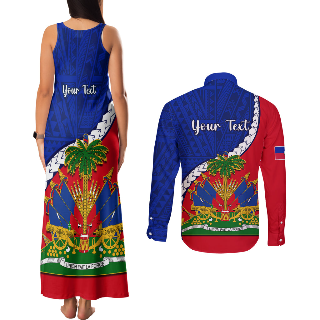 Personalised Haiti Independence Day Couples Matching Tank Maxi Dress and Long Sleeve Button Shirt Ayiti National Emblem With Polynesian Pattern - Wonder Print Shop