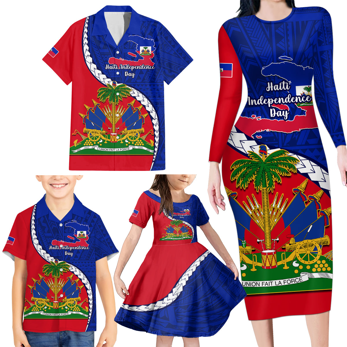 personalised-haiti-independence-day-family-matching-long-sleeve-bodycon-dress-and-hawaiian-shirt-ayiti-national-emblem-with-polynesian-pattern