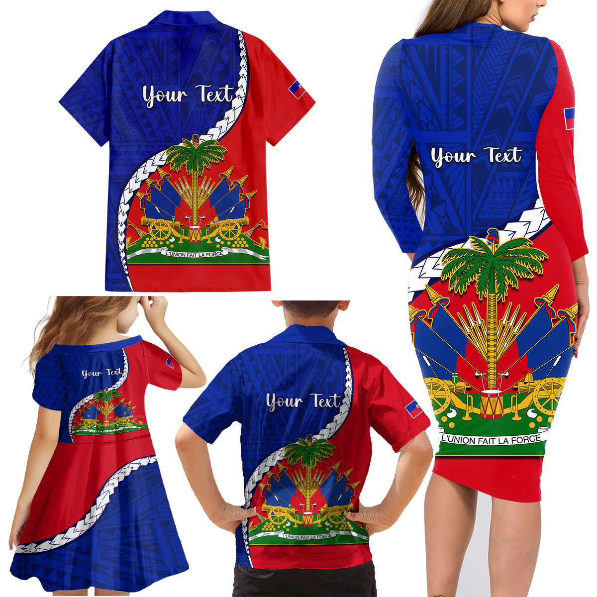 Personalised Haiti Independence Day Family Matching Long Sleeve Bodycon Dress and Hawaiian Shirt Ayiti National Emblem With Polynesian Pattern - Wonder Print Shop