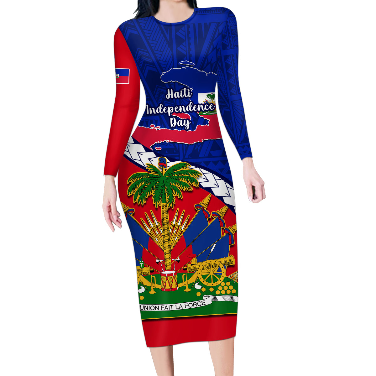 Personalised Haiti Independence Day Family Matching Long Sleeve Bodycon Dress and Hawaiian Shirt Ayiti National Emblem With Polynesian Pattern - Wonder Print Shop