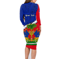Personalised Haiti Independence Day Family Matching Long Sleeve Bodycon Dress and Hawaiian Shirt Ayiti National Emblem With Polynesian Pattern - Wonder Print Shop