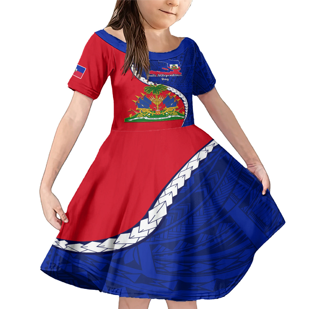 Personalised Haiti Independence Day Family Matching Mermaid Dress and Hawaiian Shirt Ayiti National Emblem With Polynesian Pattern - Wonder Print Shop